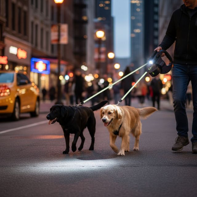 Retractable Dual Doggie Leash with LED Light, 360 Swivel No Tangle for Each Dog Independent Braking with 3M Reflective Leads