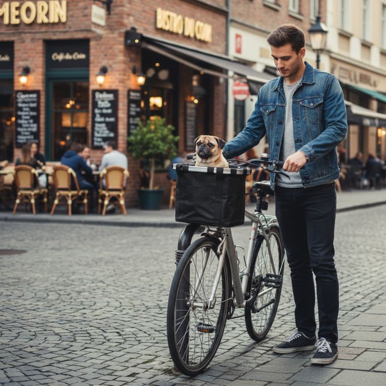 Homme avec un panier vélo pour chien, transportant son compagnon à quatre pattes sur une rue animée.panier vélo pour chien 10 kg​
