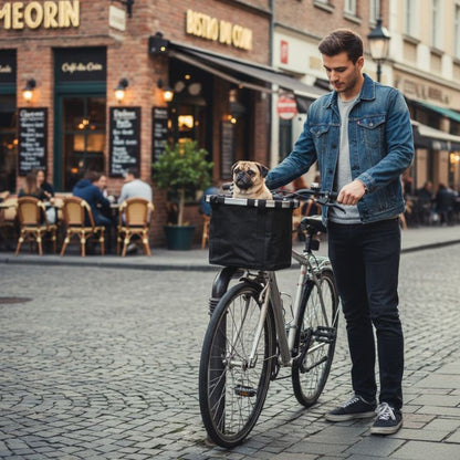 Homme avec un panier vélo pour chien, transportant son compagnon à quatre pattes sur une rue animée.panier vélo pour chien 10 kg​
